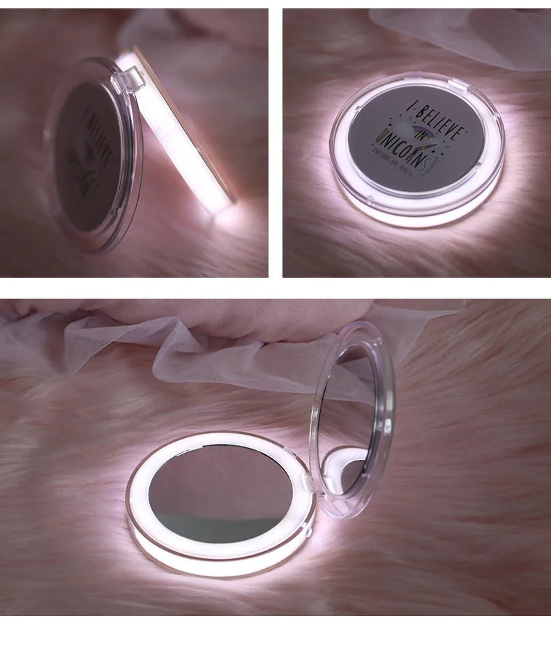 DA32 LED Mini Makeup Mirror Hand Held Fold Small Portable Micro USB Connect Cable Chargeableable Cosmetic Mirror Makeup Tool