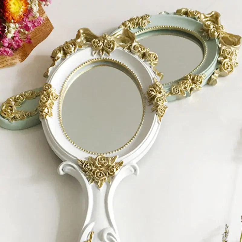 CX119 European Style Vintage Handheld Roses Mirror Princess Women Girls Oval Vanity Makeup Cosmetic Tool with Anti-Slip Handle