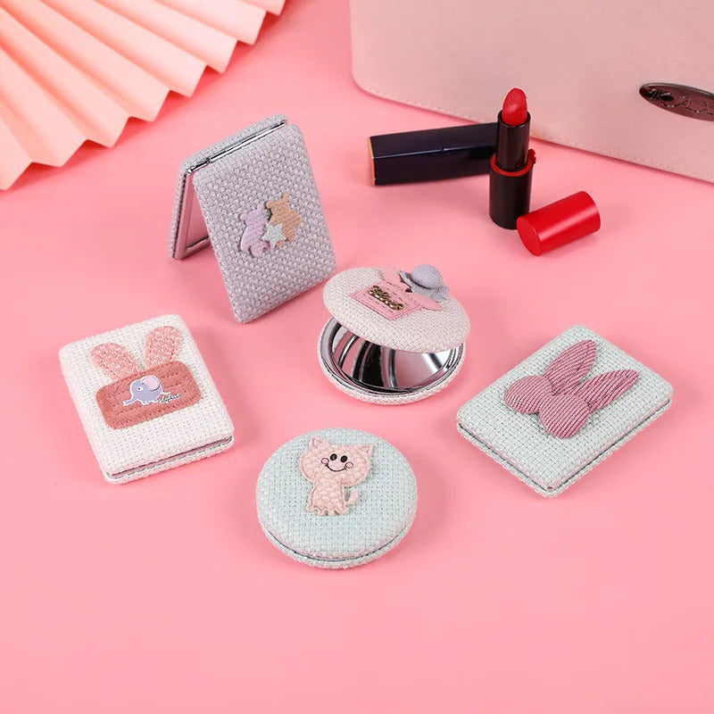 TSHOU937 Double-sided Mirror Makeup Magnifying Handmade Fabric Art DIY Hairy Random Pattern Portable Pocket Mirror