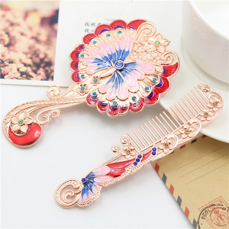 CSHOU380  Handle Mirror Comb Retro Euporen 3D Butterfly Pattern Portable Makeup Mirror Comb Set Princess Mirror