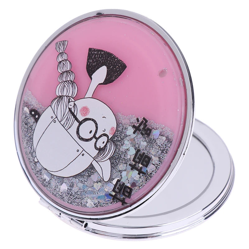 PY97 Compact Pocket Portable Double Sided Folding Cosmetic Mirror Mini Make-Up Mirror With Sparkling Flowing Sand