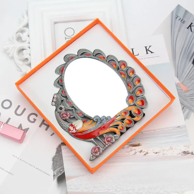CASHOU21 Standing Mirror for Bedroom Folding Desktop Makeup Mirror Retro Euporen 3D Peacock Pattern Princess Mirror with Storage