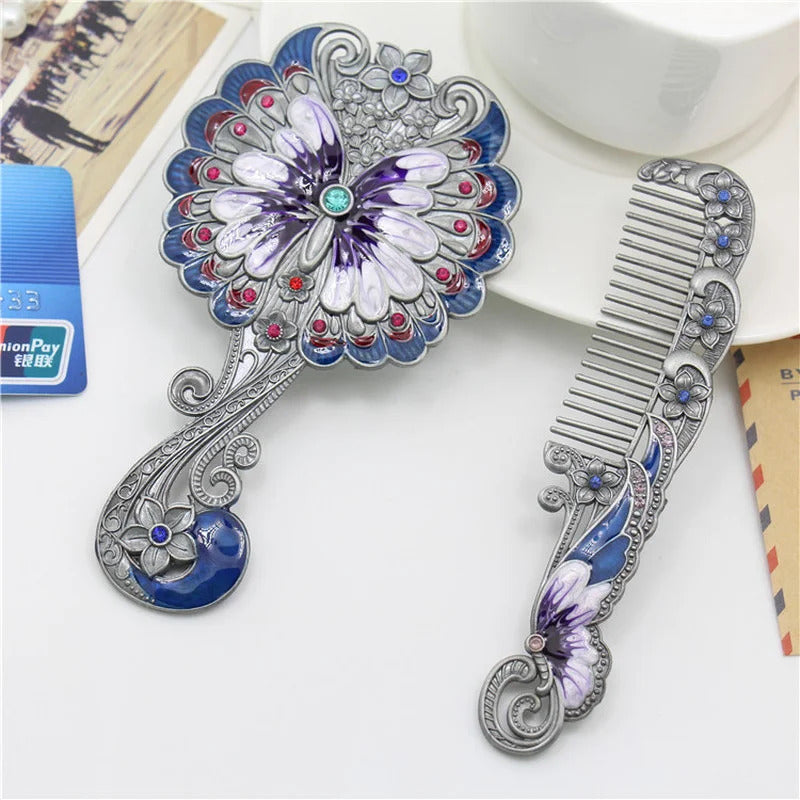 L506 Handle Mirror Comb Retro Euporen 3D Butterfly Pattern Portable Makeup Mirror Comb Set Princess Mirror