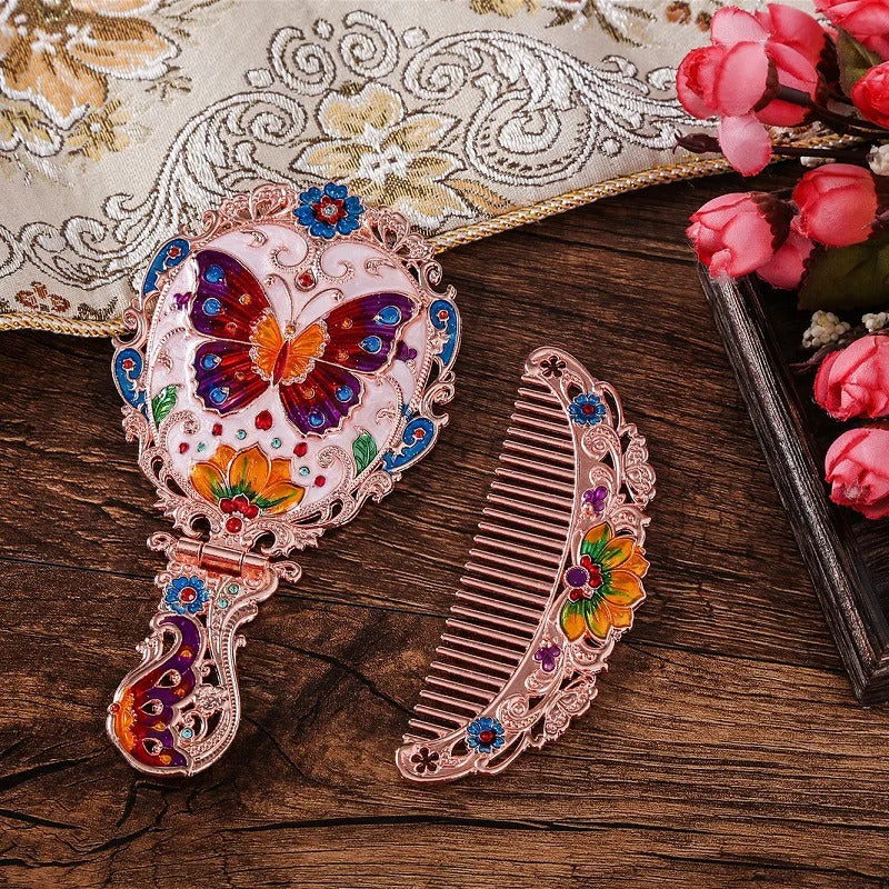 L327 Handle Mirror Comb Retro Euporen 3D Foldable Desktop Princess Mirro with Storage Gift Box Portable Standing Makeup Mirr