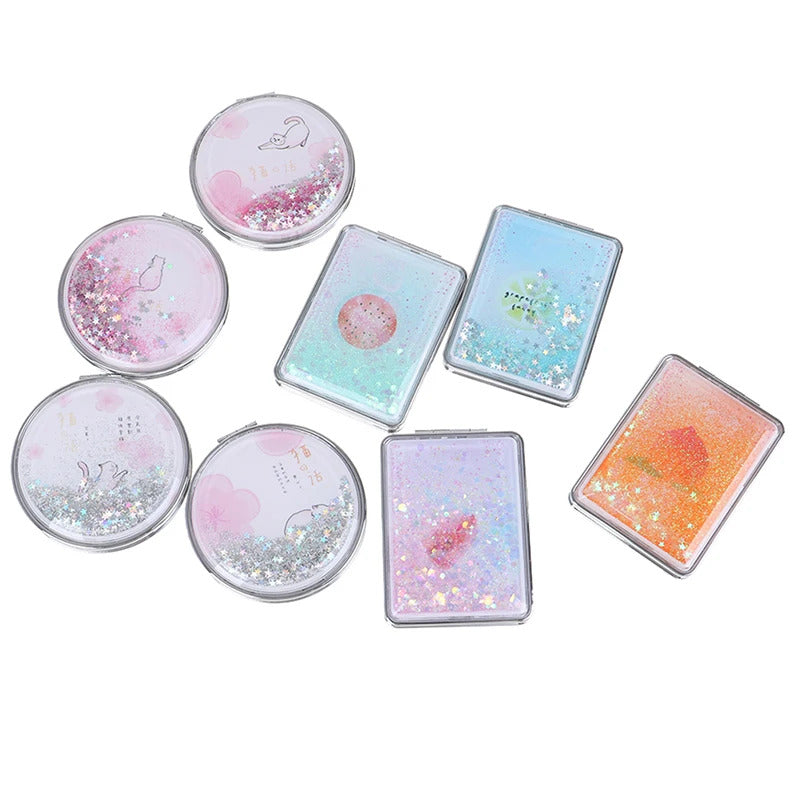 TSHOU921 Double-Sided Folding Cosmetic Mirror Mini Makeup Mirror Compact Pocket Mirror Female Gifts With Flowing Sparkling Sand