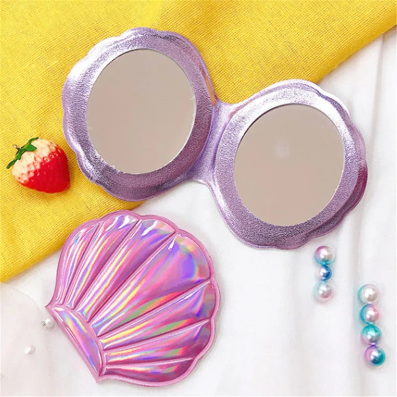 TSHOU569 Shell Shape Makeup Mirror 2X Magnifying Mirror Portable Makeup Vanity Foldable Laser Pocket Mirror