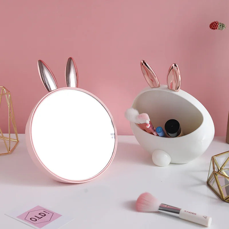 TSHOU376 Round Makeup Mirror with Cosmetic Storage Box Creativity Cute Rabbit Ear Design Make Up Standing Mirror