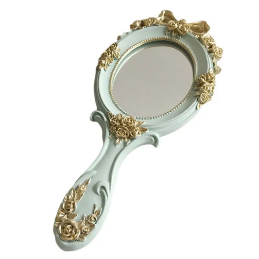 TSHOU488  European Style Vintage Handheld Roses Mirror Princess Women Girls Oval Vanity Makeup Cosmetic Tool with Handle