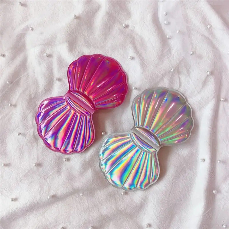 DSHOU262 Creative Shell Shaped Holographic Rainbow Colored Magnifying Compact Cosmetic Double Sided Folding Pocket Mirror