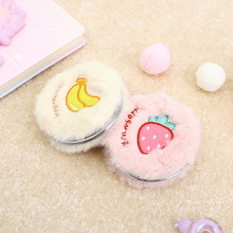 TSHOU667 Women Girls Plush Mini Round Folding Pocket Mirror Cartoon Fruit Animal Embroidery Portable Double Sided Magnifying