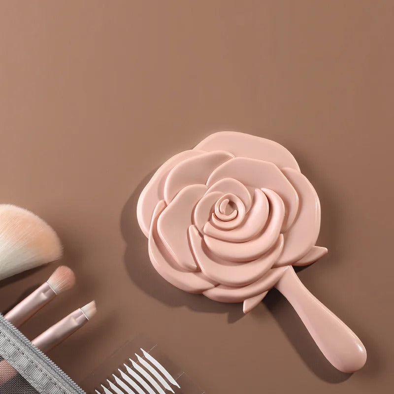 DSHOU287 Cute Makeup Mirror Elegant Rose Shape Design Handle Mirror Princess Tiny Mirror Portable Travel Size Pink Fixing Makeup