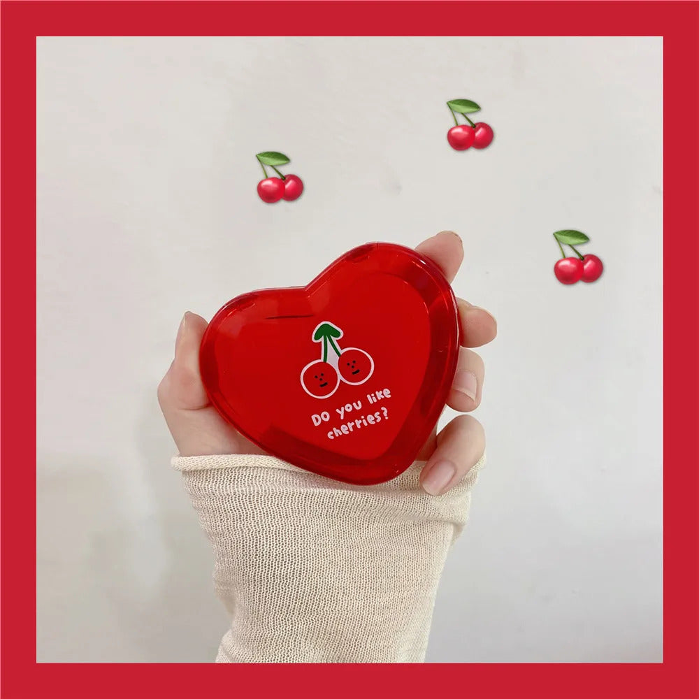 SET68 Heart Shaped Cherry Mini Makeup Mirror Compact Pocket Mirror Portable Double-Sided Folding Cosmetic Mirror Women Gifts