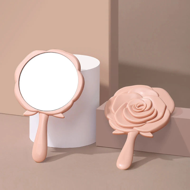 TSHOU555 Cute Makeup Mirror Elegant Rose Shape Design Handle Mirror Princess Tiny Mirror Portable Travel Size Pink Fixing Makeup