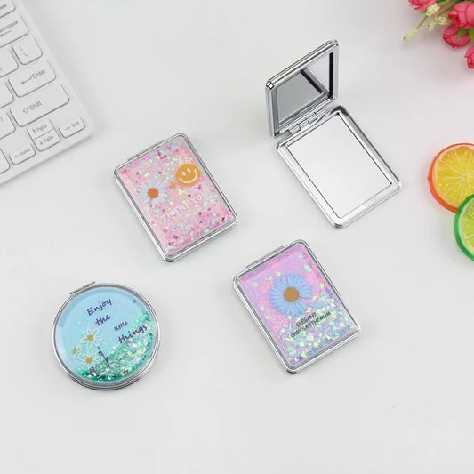 CX311 Double-sided Makeup Mirror Portable Quicksand Sequins Daisy Pattern Cute Girl's Gift Hand Mirror Pocket 2-face Makeup Mirro