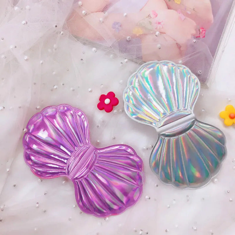 TSHOU982 New 2X Magnifying Shell Shape Makeup Mirror Portable Makeup Vanity Foldable Laser Pocket Mirror Cosmetic Hand Compact