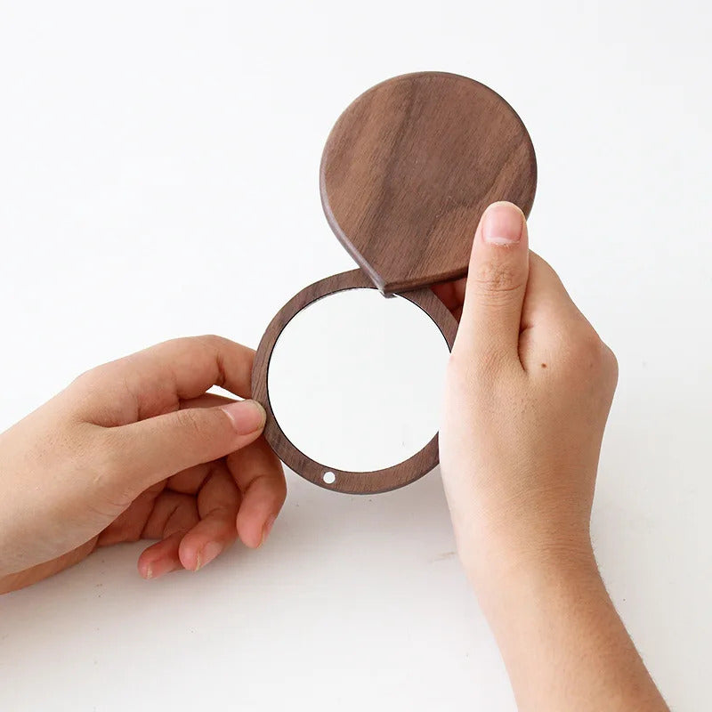 CX185 Wooden Mirror Round Foldable Mirrors Japanese Style Portable Walnut Small Mirror Make Up