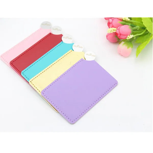 DSHOU333  Portable Mini Shatter Proof Card Style Pocket Folding Cosmetic Mirror PU Leather Cover Stainless Steel Makeup Mirror Card