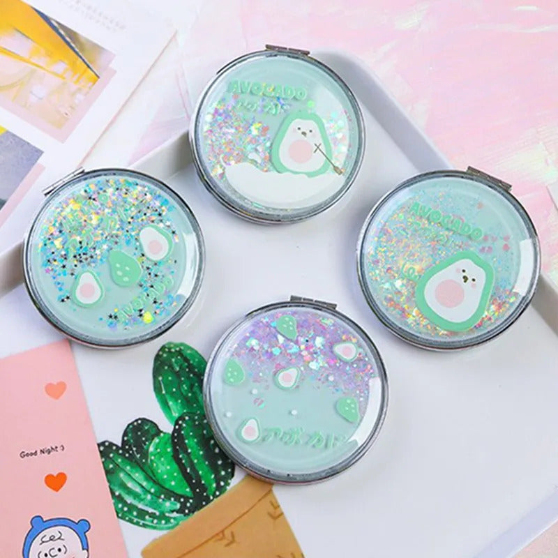 TSHOU1038  Portable Double-Sided Folding Cosmetic Mirror Girl Gift Flowing Sparkling Sand Mini Avocado Makeup Mirror Compact