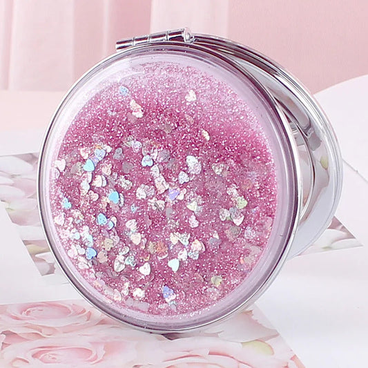tshou506 Portable Double-Sided Folding Cosmetic Mirror Female Gifts With Flowing Sparkling Sand Mini Makeup Mirror Compact