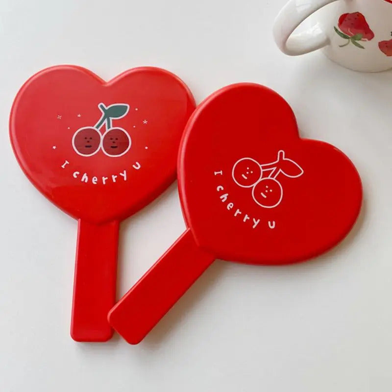 TSHOU989 Heart-Shaped Red Handheld Mirror Cartoon Cherry Vintage Cosmetic Makeup Tool