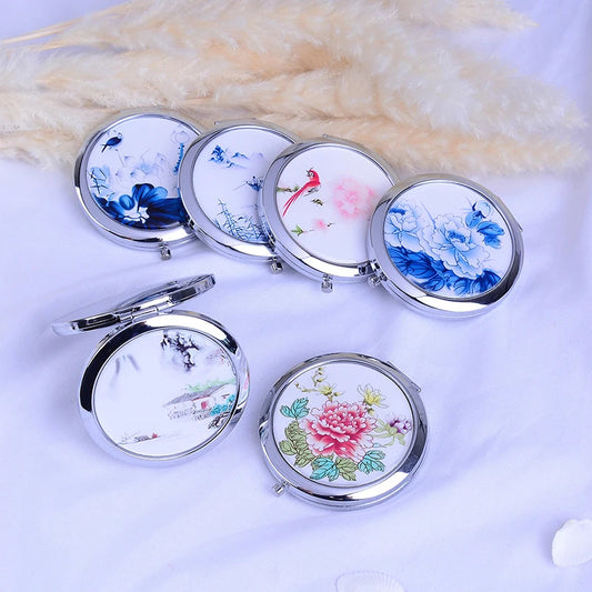 CASHOU239  Chinese Round Mini Folding Mirror Girls Mini Cute Mirror Double Side Folded Black Mirror Portable Pocker Mirror