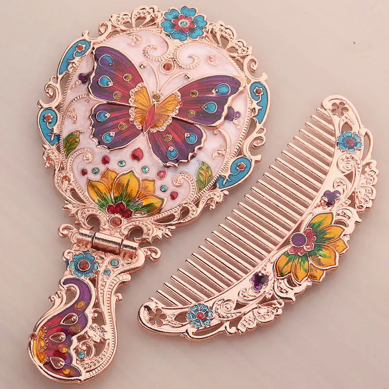 CASHOU96 Handle Mirror Comb Retro Euporen 3D Portable Standing Makeup Mirror Set Foldable Desktop Princess Mirror