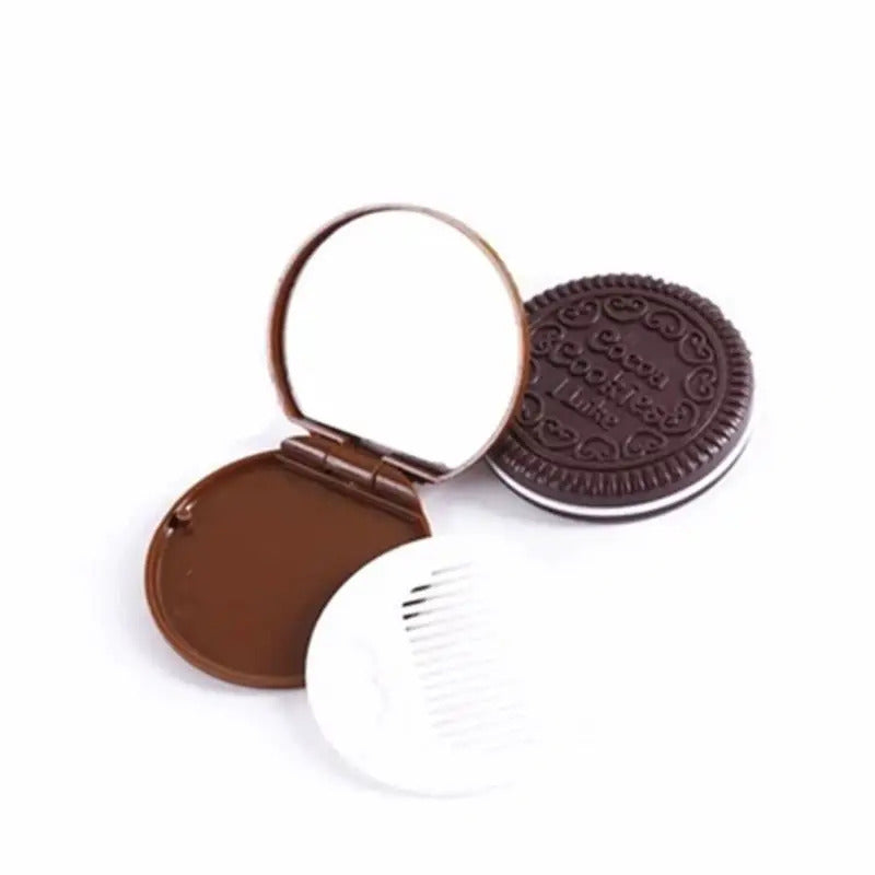CX567 Women Girls Chocolate Cookie Mini Pocket Mirror With Comb Princess Portable Sandwich Biscuit Shape Makeup