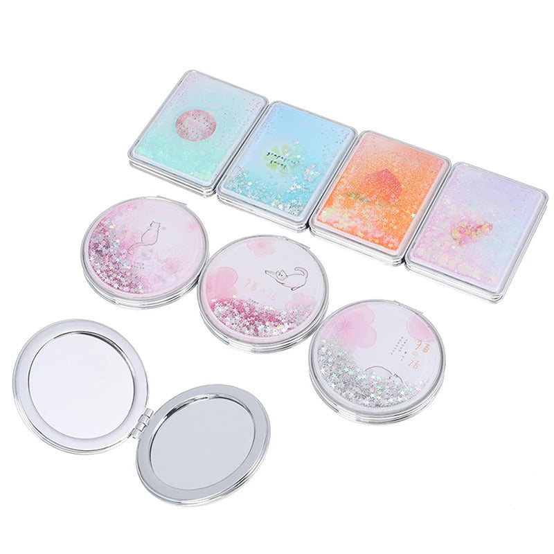 TSHOU921 Double-Sided Folding Cosmetic Mirror Mini Makeup Mirror Compact Pocket Mirror Female Gifts With Flowing Sparkling Sand