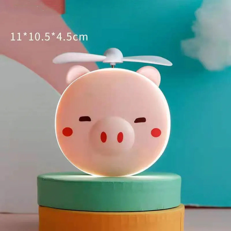L660 Cartoon Cute Piggy Mini Cosmetic Mirror Compact Portable Pocket Makeup Mirrors Cooling Fan Light Handheld USB Recharge