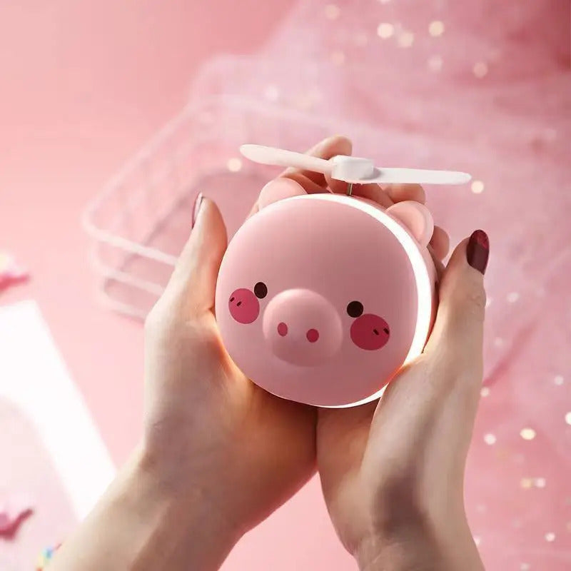 L660 Cartoon Cute Piggy Mini Cosmetic Mirror Compact Portable Pocket Makeup Mirrors Cooling Fan Light Handheld USB Recharge