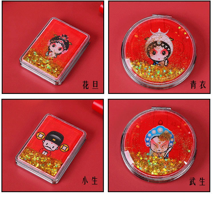 DSHOU185 Makeup Mirror Magnifying Quicksand Sequin Chinese Opera Doll Cartoon Pattern Portable Pocket