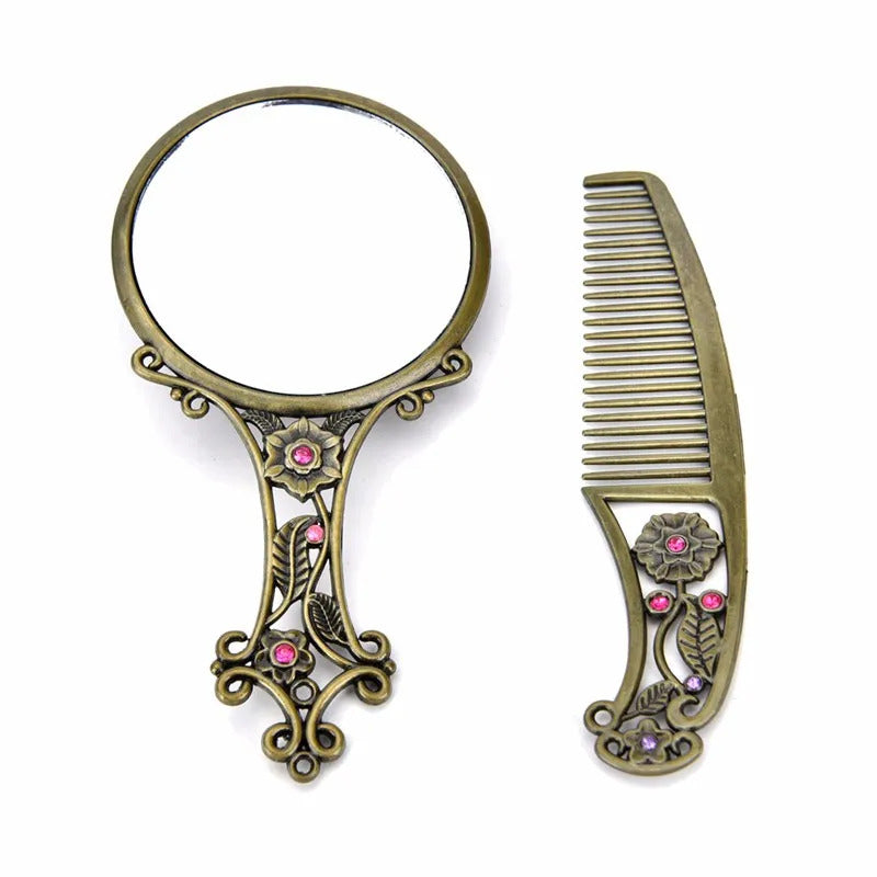 GU492  Women Chic Retro Vintage pocket Mirror Compact Makeup Mirrors Comb Set Hand Make Up Bronze Hollowed-Out Make Up