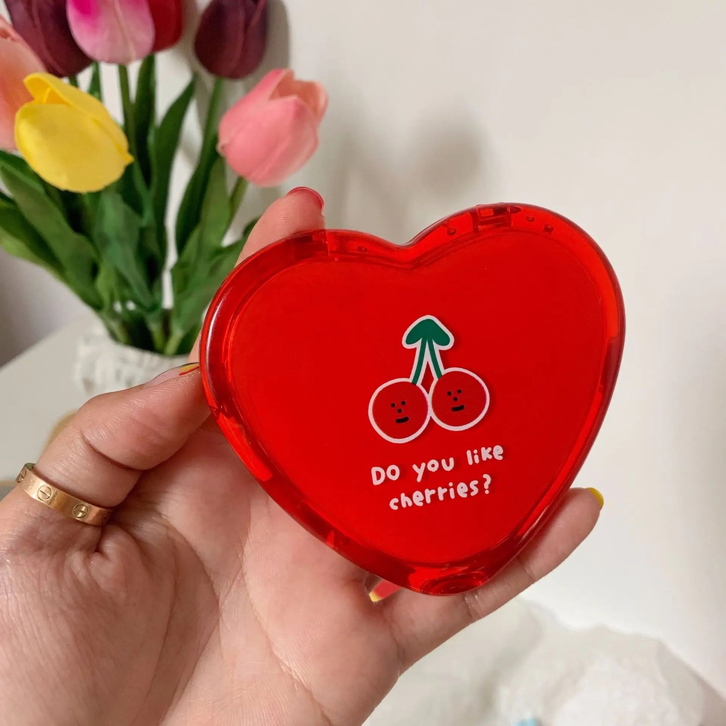 CX606 Portable Double-Sided Folding Cosmetic Mirror Cherry Love Mirror Portable Makeup Mirror Heart Mirror Women Gift Purse