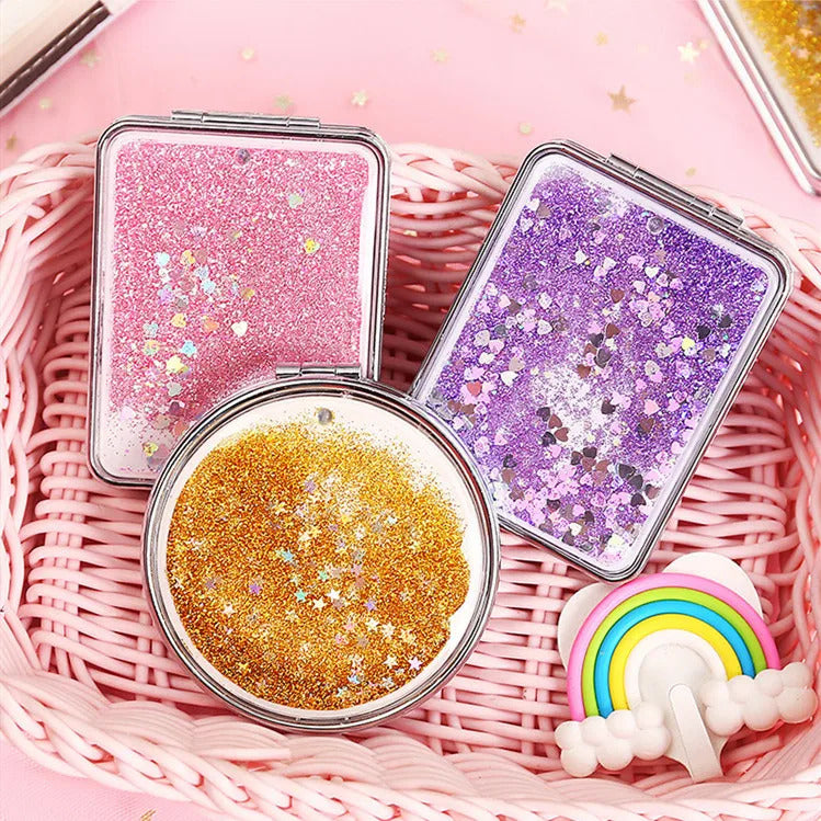L179 Double-Sided Folding Cosmetic Mirror Female Gifts With Flowing Sparkling Sand Mini Makeup Mirror Compact Pocket Mirrors