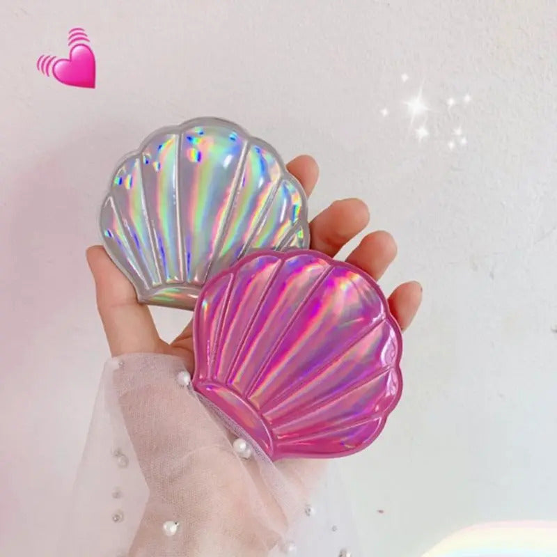 CX218 Creative Sea Shell Shaped Holographic Rainbow Colored Magnifying Compact Cosmetic Double Sided Folding Pocket Mirror