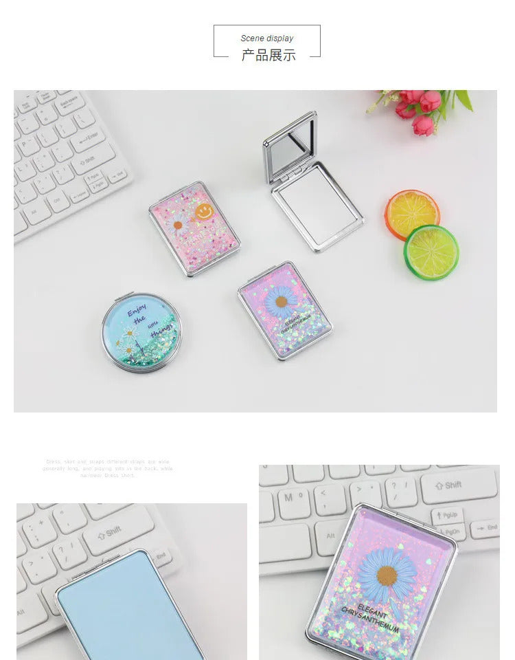 CX311 Double-sided Makeup Mirror Portable Quicksand Sequins Daisy Pattern Cute Girl's Gift Hand Mirror Pocket 2-face Makeup Mirro