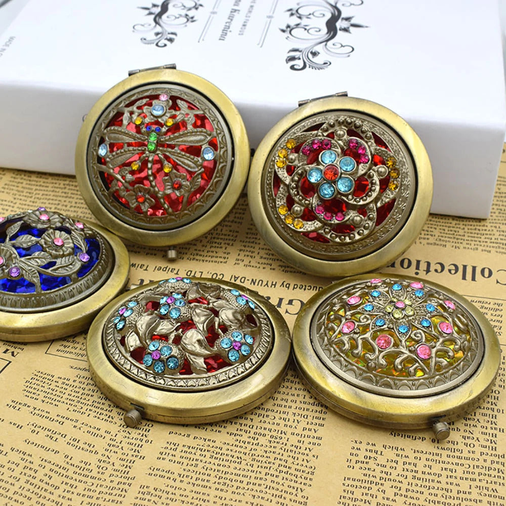 TSHOU875 Foldab Metal Bronze Makeup Mirror Hollow out round  Pocket Mirror Portable Double Sided Retro Style Mirror Makeup Tools
