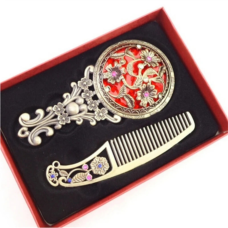 L246 Classic Chic Retro Vintage Pocket Mirror Compact Makeup Mirrors Comb Set Hand Make Up Bronze Hollowed-Out