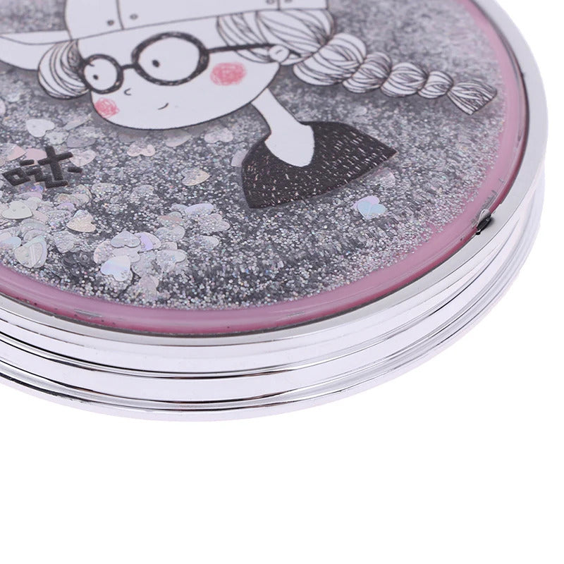 CX415 Compact Pocket Portable Double Sided Folding Cosmetic Mirror Mini Make-Up Mirror With Sparkling Flowing Sand