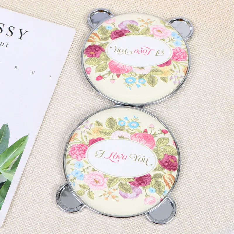 CASHOU157 Mini Retro Makeup Mirror panda Makeup Compact Pocket Flower Mirror Portable Double-Sided Folding Cosmetic Mirror