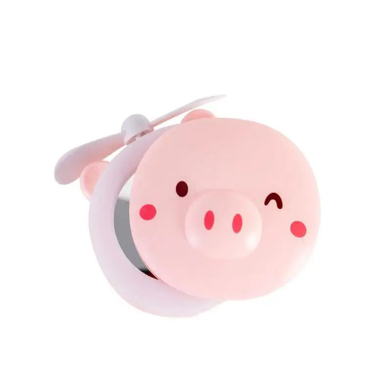 L660 Cartoon Cute Piggy Mini Cosmetic Mirror Compact Portable Pocket Makeup Mirrors Cooling Fan Light Handheld USB Recharge