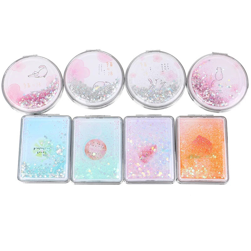 TSHOU921 Double-Sided Folding Cosmetic Mirror Mini Makeup Mirror Compact Pocket Mirror Female Gifts With Flowing Sparkling Sand