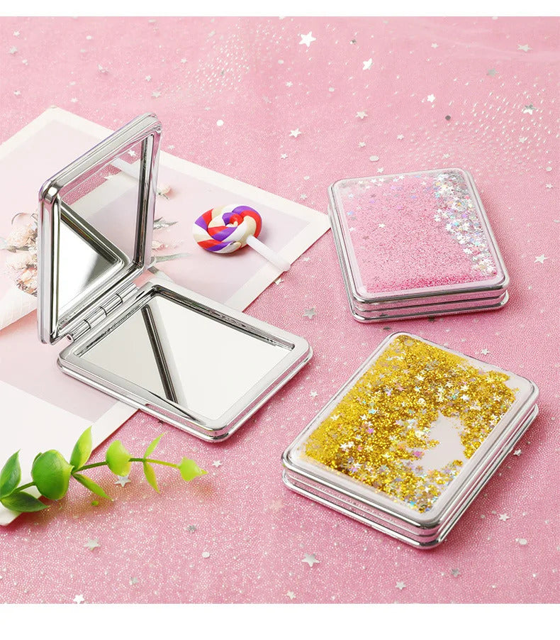 CX722 Hand Mirror Double-sided Mirror Quicksand Sequins Portable Makeup Mirror Travel Size Creative Design Cute Gift for