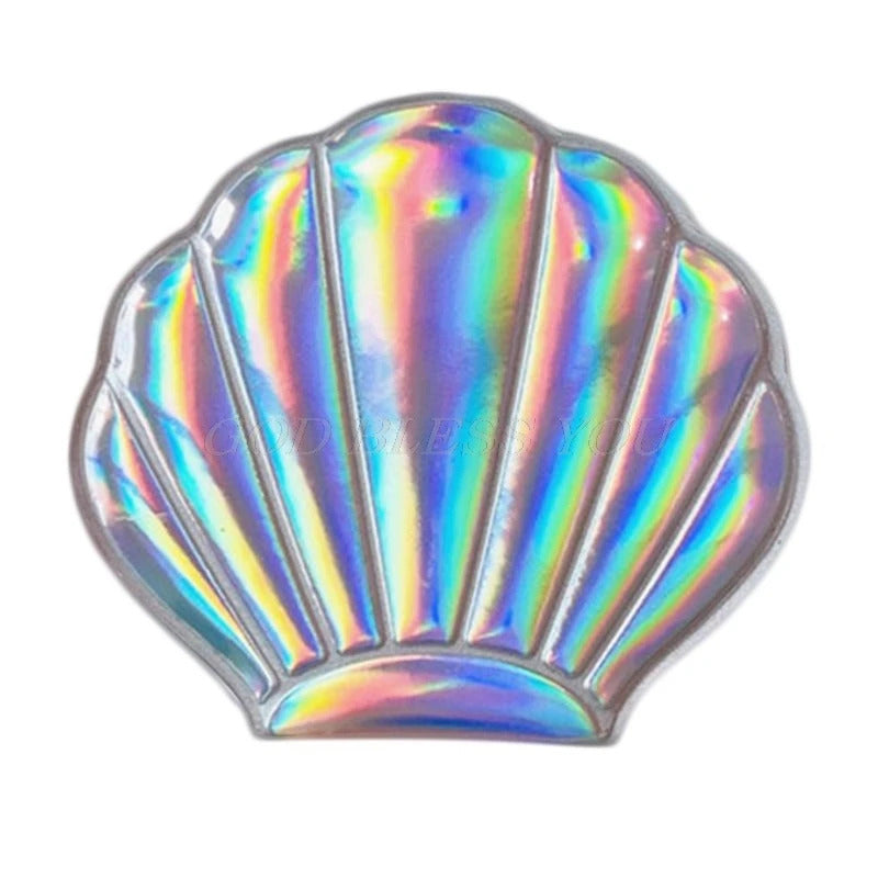 DSHOU262 Creative Shell Shaped Holographic Rainbow Colored Magnifying Compact Cosmetic Double Sided Folding Pocket Mirror