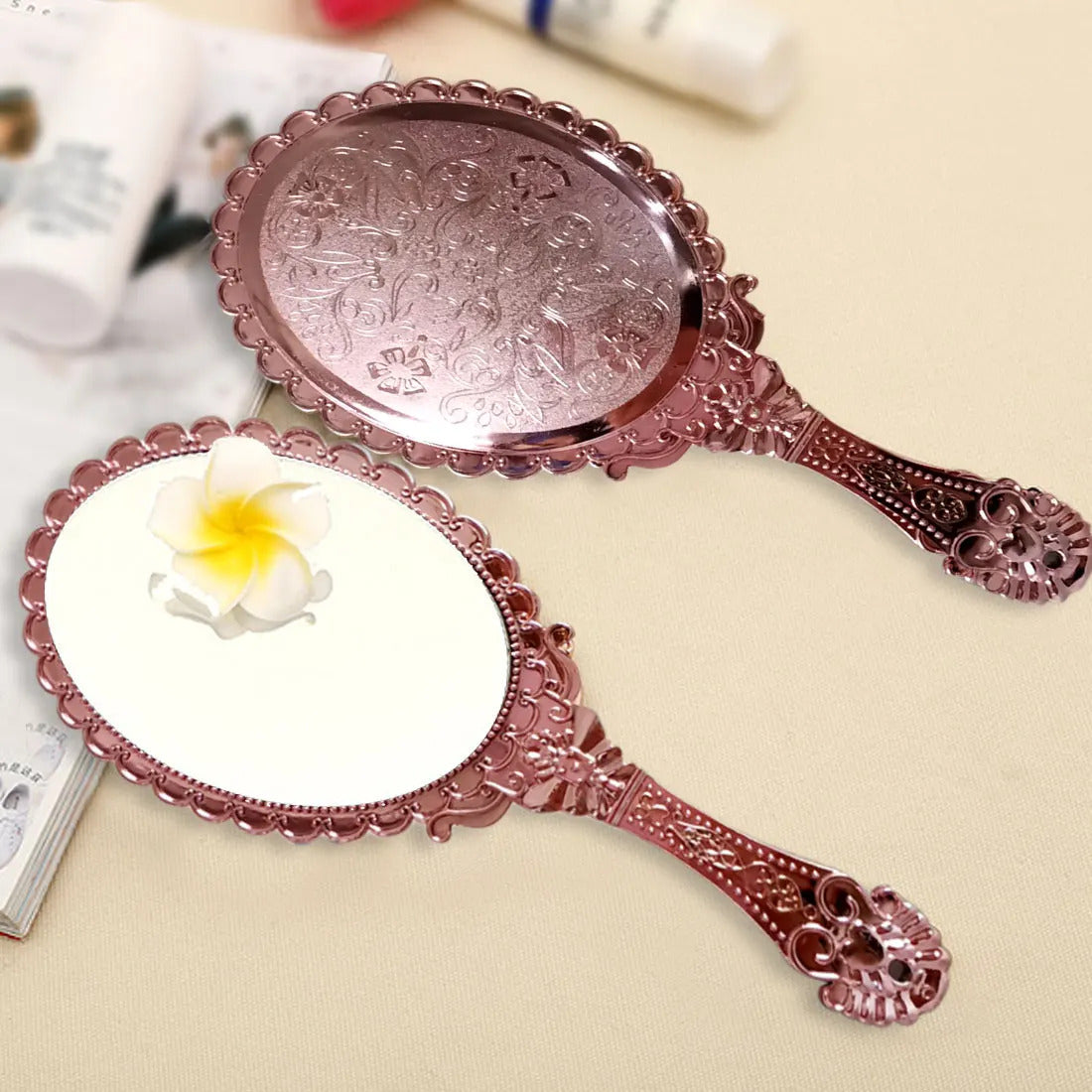 L289 hot European Style Vintage Handheld Roses Mirror Princess Women Girls Oval Vanity Makeup Cosmetic Tool with Anti-Slip