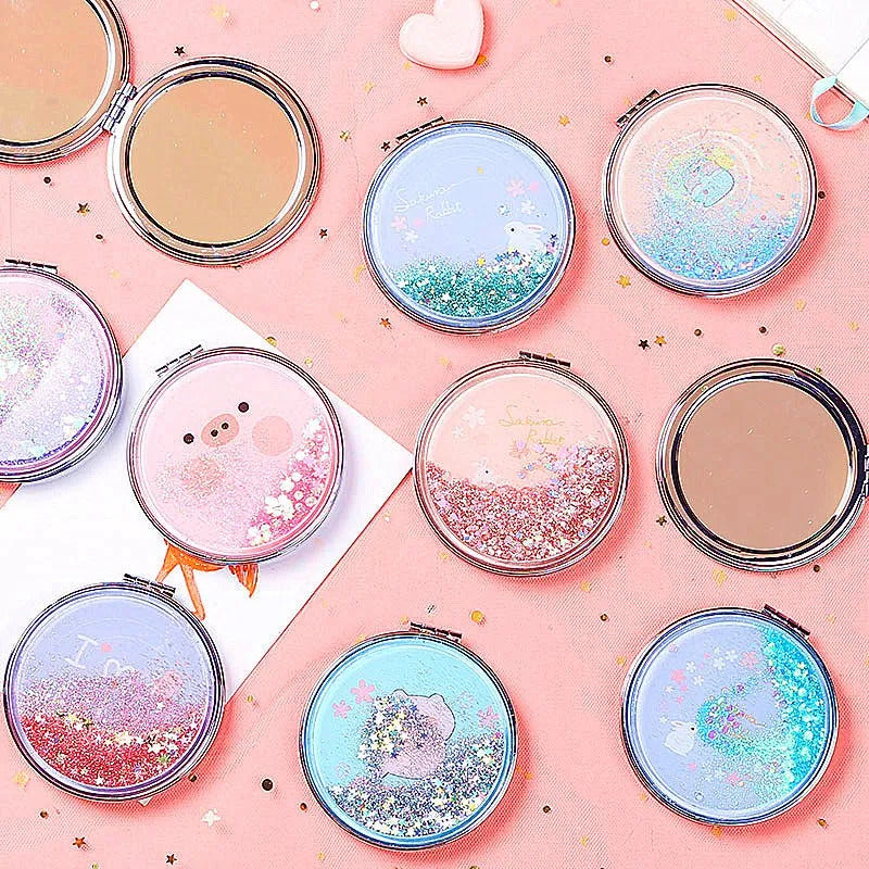 TSHOU924 Fashion 2-Face Mini Pocket Makeup Mirror Creative Cosmetic Compact Mirrors with Flowing Sparkling Sand Cartoon Pocket