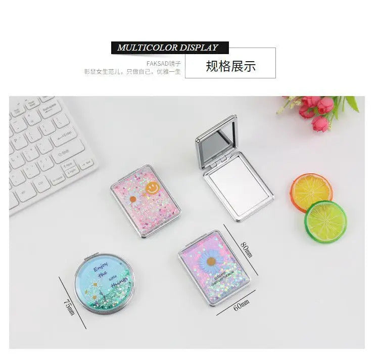 CASHOU137 Double-sided Makeup Mirror Portable Quicksand Sequins Daisy Pattern Cute Girl's Gift Hand Mirror Pocket 2-face Makeup