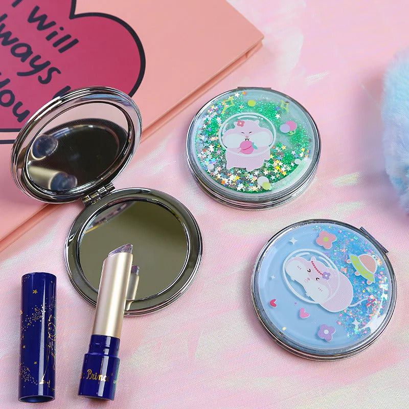 TSHOU1038  Portable Double-Sided Folding Cosmetic Mirror Girl Gift Flowing Sparkling Sand Mini Avocado Makeup Mirror Compact