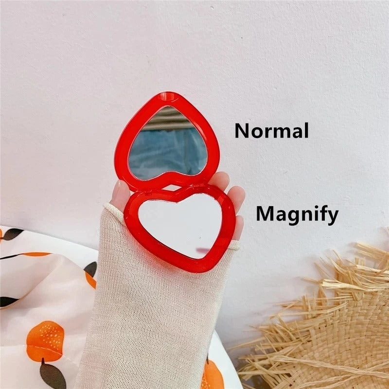 TSHOU1214  Portable Double-Sided Folding Cosmetic Mirror Cherry Love Mirror Portable Makeup Mirror Heart Mirror Women Gift Purse