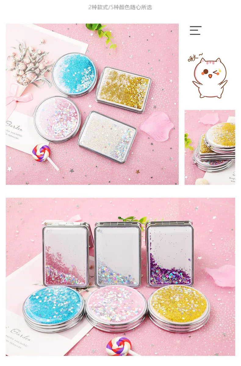 CX722 Hand Mirror Double-sided Mirror Quicksand Sequins Portable Makeup Mirror Travel Size Creative Design Cute Gift for